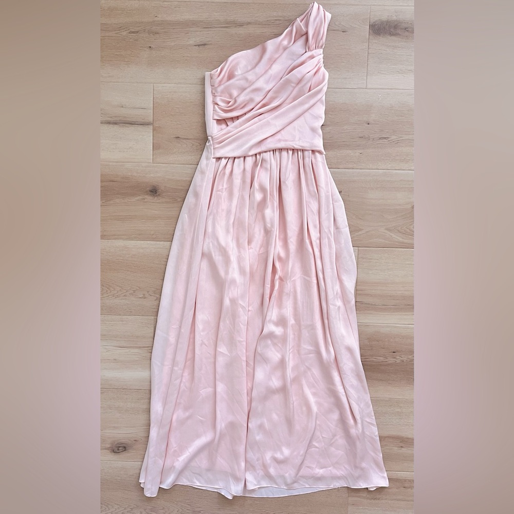 Elegant Blush Pink One Shoulder Bridesmaid Formal Maxi Gown Wedding Guest Dress - Picture 2 of 9